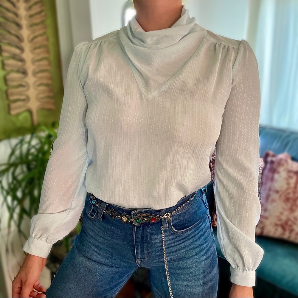 VTG 80s High Neck Cowl Ice Blue Blouse Top SZ 10